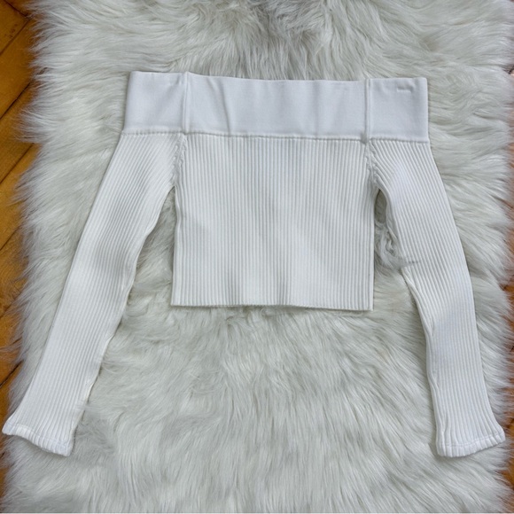 New C/MEO Life Is Real stretch thick knit ribbed crop top sweater off shoulder - Picture 4 of 4